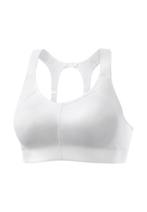 Witte sportbeha met een ronde halslijn, verstelbare bandjes en een haaksluiting aan de achterkant. Gemaakt van glad, rekbaar materiaal.