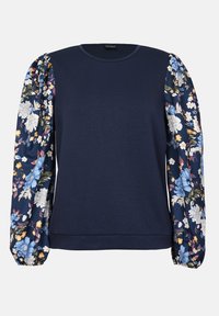 Marineblå hettegenser med blomsterdekorert pufferm i nyanser av blått, rosa og gult. Jevn tekstur med rund hals og ribbestrikkede mansjetter.