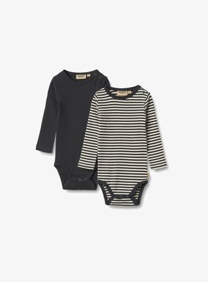 To lange langærmede bodysuits: den ene ensfarvet sort i ribbet stof; den anden med striber i sort og creme, begge med trykknapper i bunden.