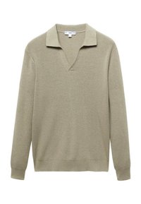 Lichtgroene gebreide trui met een V-hals en kraag. Voorzien van lange mouwen en een gestructureerde stof. Eenvoudig ontwerp zonder extra accenten.