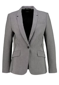 Grau kariertes Blazer mit Revers, einem Knopfverschluss, seitlichen Taschen, strukturiertem Stoff und schwarer Innenauskleidung.