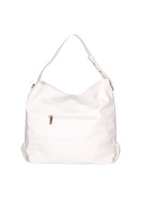 Borsa hobo bianca realizzata in materiale sintetico testurizzato, con una finitura liscia, una tracolla e una tasca frontale con zip e hardware dorato.