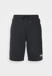 Shorts en coton noir avec une taille élastique, un cordon de serrage et un détail de logo. Design longueur genou avec une texture lisse.