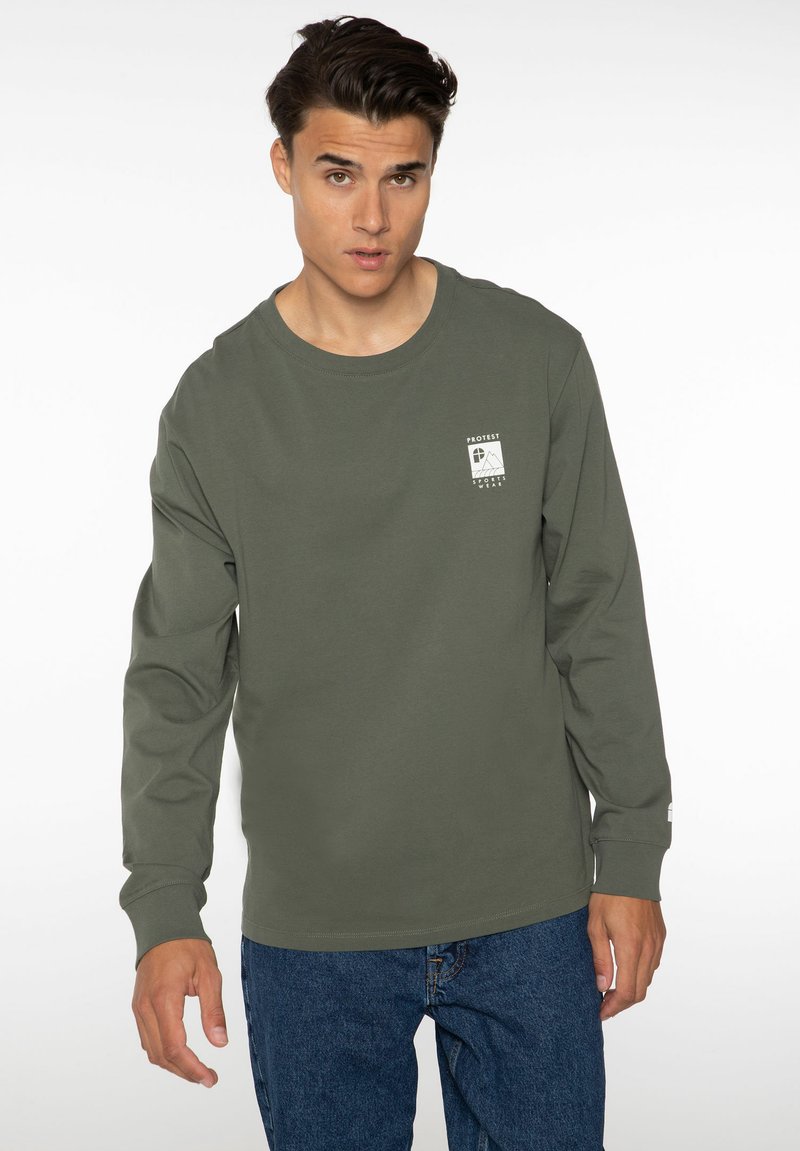 Langarm-Olivegrün T-Shirt aus weichem Stoff mit Rundhalsausschnitt, ausgestattet mit einem kleinen weißen Grafiklogo auf der Brust und gerippten Bündchen.