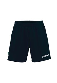 Zwarte sportshorts met een elastische tailleband, voorzien van een wit "uhlsport" logo aan de rechterzijde en gemaakt van gladde, lichte stof.