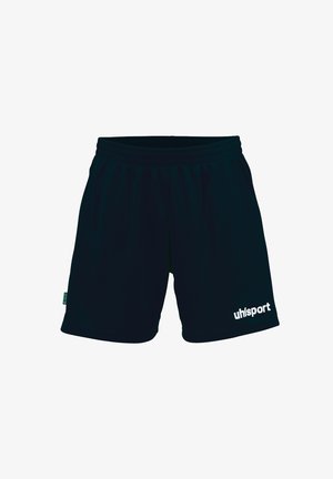 Zwarte sportshorts met een elastische tailleband, voorzien van een wit "uhlsport" logo aan de rechterzijde en gemaakt van gladde, lichte stof.