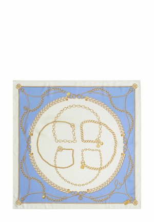 Quadratisches Seidentuch mit ineinander verschlungenen goldenen Ketten- und Seilmustern auf cremefarbenem und hellblauem Hintergrund.