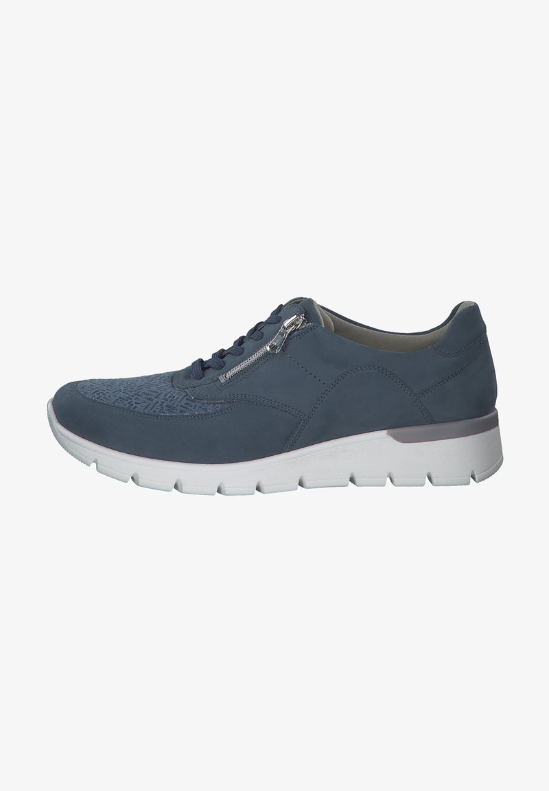 Blue leather sneaker featuring a textured toe, lace and zip closure, and a white cushioned sole with prominent grooves.
