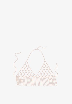 Delicate rose gold chain bralette with diamond-shaped links and hanging fringes, laid flat on white background.