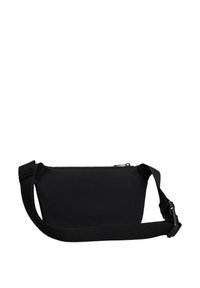 Schwarze Umhängetasche aus Nylon mit Reißverschluss, flacher Form und verstellbarem Riemen. Glatte Textur und minimalistisches Design, geeignet für den Alltag.