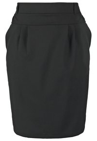 Jupe crayon noire longueur genoux avec une large ceinture et des plis subtils près des hanches, conçue pour une silhouette ajustée.