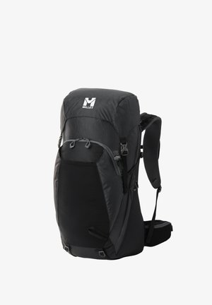 Sac à dos noir en tissu durable, avec un haut structuré, des bretelles rembourrées et des accents en maille. Comprend un détail de logo et plusieurs zips.