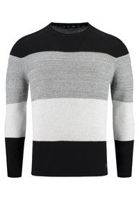 Schwarz-weißer und grauer gestreifter Strickpullover mit langen Ärmeln, rundem Ausschnitt und strukturiertem Stoffdesign.