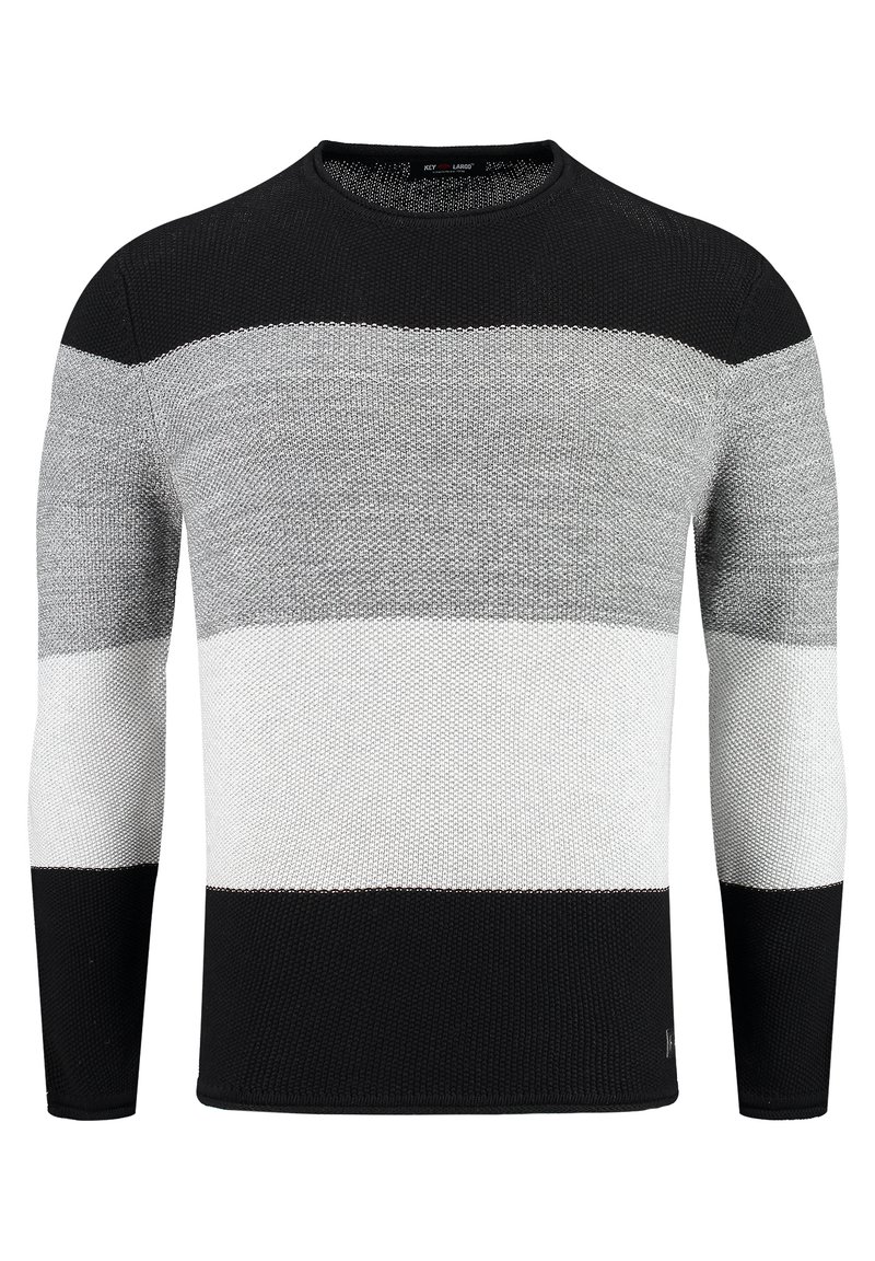 Schwarz-weißer und grauer gestreifter Strickpullover mit langen Ärmeln, rundem Ausschnitt und strukturiertem Stoffdesign.