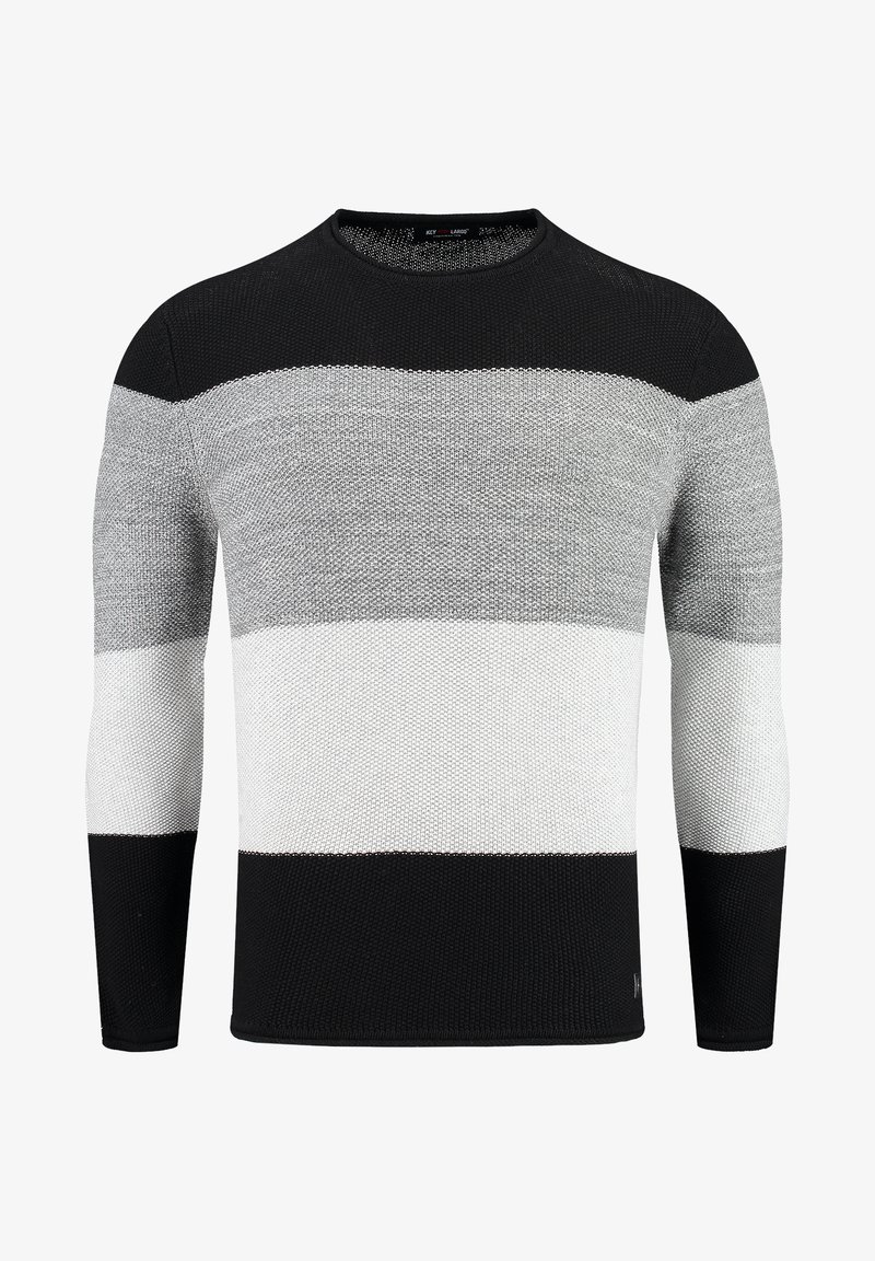 Suéter de punto a rayas en negro, blanco y gris, con mangas largas, escote redondo y un diseño de tela texturizada.