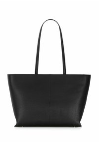 Czarna skórzana torba tote o wyraźnej konstrukcji, gładkiej fakturze, dwóch długich uchwytach i płaskim dnie. Bez widocznych elementów metalowych ani wzorów.