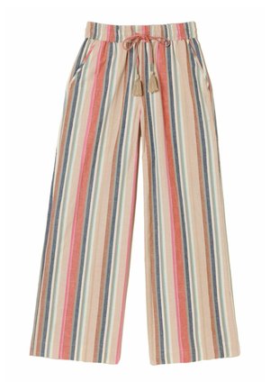 Weit geschnittene Hosen mit vertikalen Streifen in Beige, Rosa, Blau und Braun, mit einem elastischen Bund und rosa Kordelzug mit Quasten.