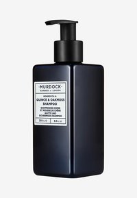 Dunkelblaue rechteckige Flasche mit einer schwarzen Pumpe, beschriftet "Murdock Quince & Oakmoss Shampoo", 250 ml. Glatte Textur und klares Design.