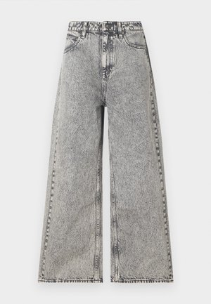 Wide-leg jeans in faded black denim, featuring a high-rise waist, classic five-pocket design, and visible stitching details.