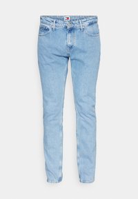 Jeans de mezclilla azul claro con un diseño de pierna recta. Presenta costuras bordadas, bolsillos delanteros y traseros, y una etiqueta de marca en la cintura.