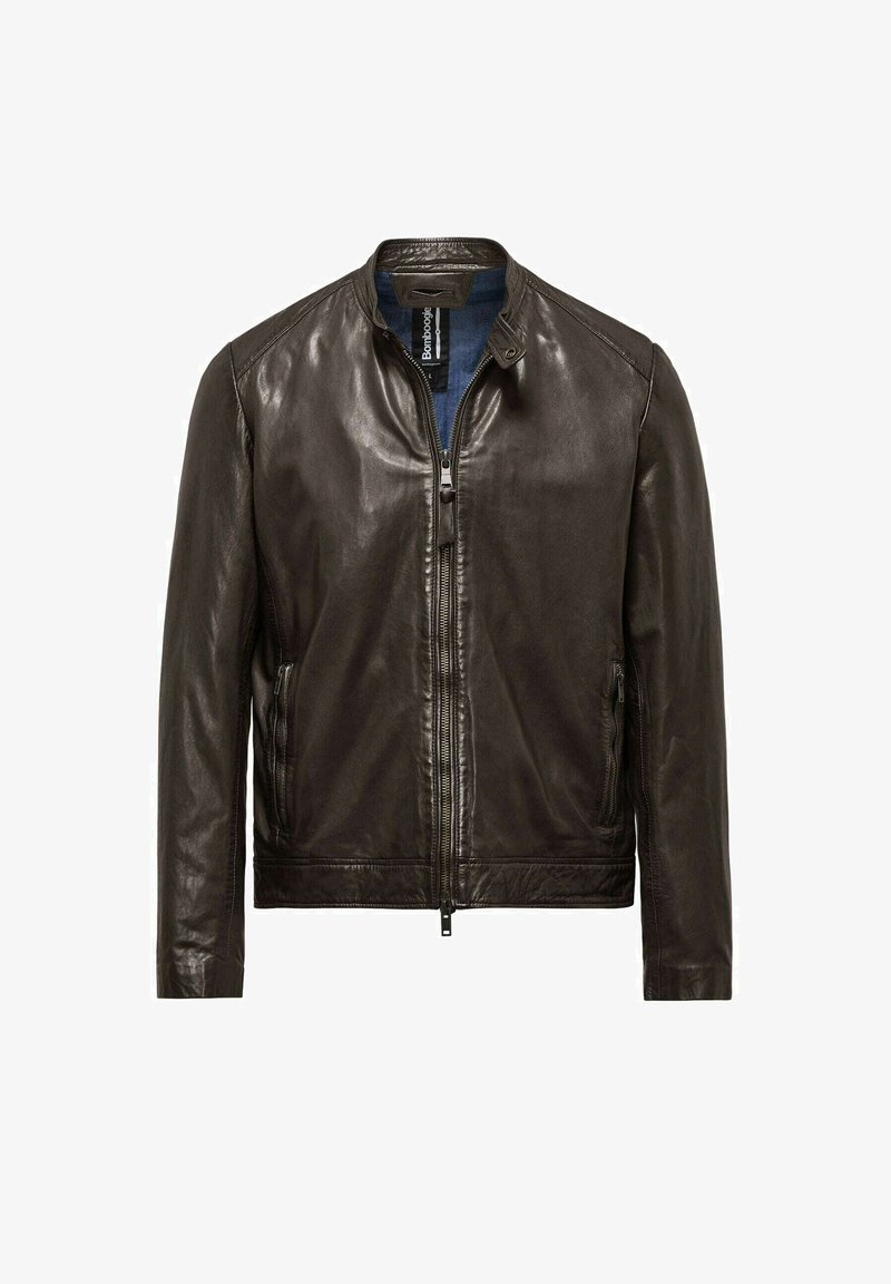 Giacca bomber in pelle marrone con colletto tondo, chiusura frontale con zip e tasche laterali. Texture liscia con una finitura leggermente lucida.