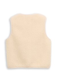 Crème-kleurige mouwloze fleece vest met een zachte, gestructureerde oppervlakte, weergegeven van achteren op een witte achtergrond.