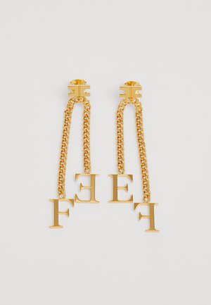 Gold-tone earrings featuring chain links with three hanging letters "F" in a bold, uppercase style. Smooth texture and shiny finish.