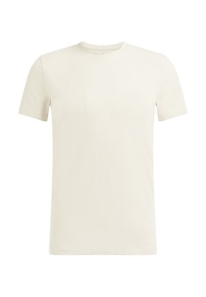 Cremefarbendes T-Shirt mit kurzen Ärmeln aus weicher Baumwolle. Rundhalsausschnitt mit glatter Textur und einfacher, klarer Silhouette. Keine sichtbaren Muster oder Akzente.