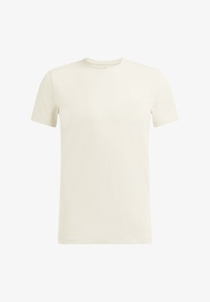 Krém színű, rövid ujjú póló, puha pamutból készült. Kerek nyakú dizájn, sima tapintással és letisztult, egyszerű sziluettel. Nincsenek látható minták vagy díszítések.