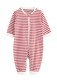 Red and white horizontal striped baby romper with long sleeves, front zipper, and elastic cuffs at ankles and wrists.