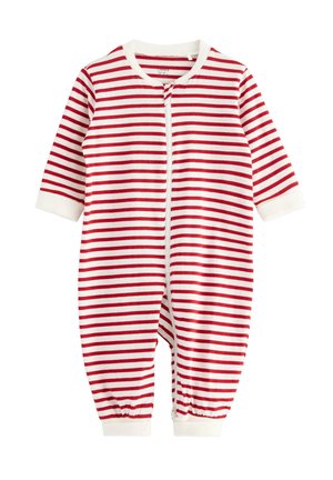 Red and white horizontal striped baby romper with long sleeves, front zipper, and elastic cuffs at ankles and wrists.