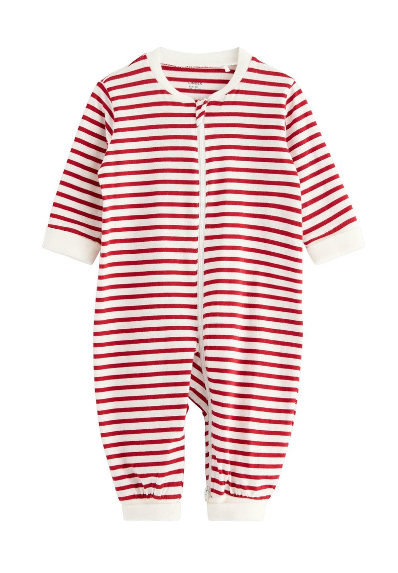 Red and white horizontal striped baby romper with long sleeves, front zipper, and elastic cuffs at ankles and wrists.