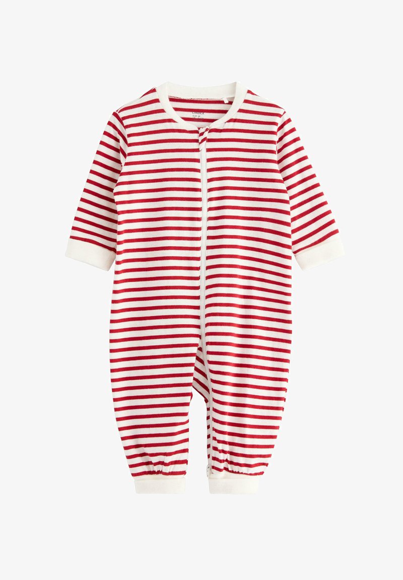 Red and white horizontal striped baby romper with long sleeves, front zipper, and elastic cuffs at ankles and wrists.