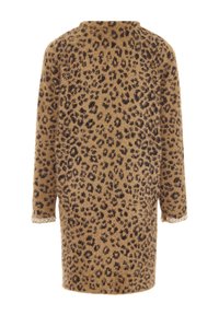 Palton lung cu imprimeu de leopard dintr-un material moale, bej. Dispune de pete negre, mâneci lungi și un detaliu din dantelă la manșete. Croială lejeră.