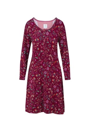 Jurk met lange mouwen tot op de knie met roze, rode en paarse bloemenprint op een donkere magentakleurige achtergrond en een ronde halslijn met knopen.