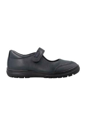 Zapato Mary Jane de cuero negro con punta redondeada, tira de Velcro, parte delantera texturizada y suela de goma diseñada para la comodidad y el soporte.