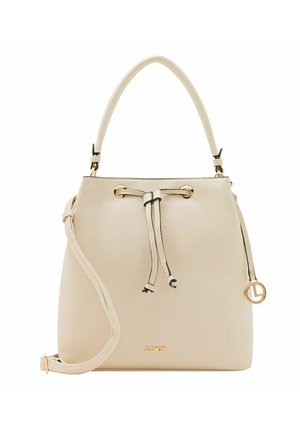 Borsa a secchiello beige realizzata in pelle testurizzata, con chiusura a coulisse, hardware dorato, tracolla regolabile e dettaglio con logo.