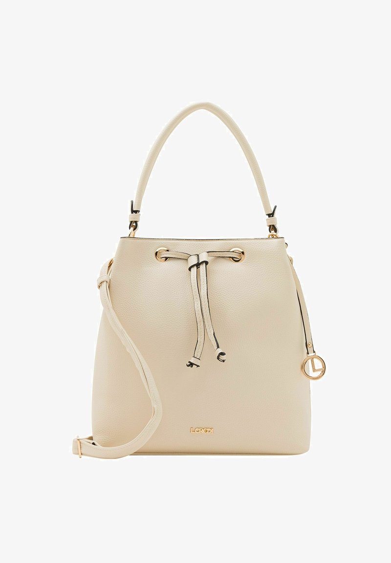 Borsa a secchiello beige realizzata in pelle testurizzata, con chiusura a coulisse, hardware dorato, tracolla regolabile e dettaglio con logo.