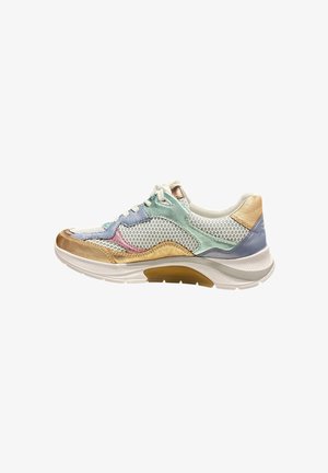 Multicolor sneaker with mesh and synthetic materials; features pink, blue, green, and gold accents; textured finish; white rubber sole.
