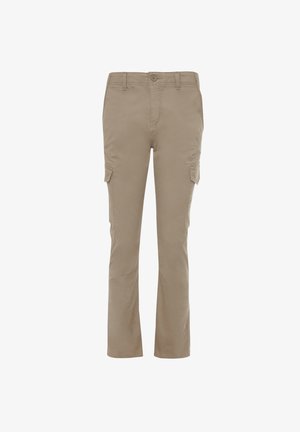Khaki cargobroek met een rechte pasvorm, gemaakt van lichtgewicht stof. Voorzien van twee zijzakken en een voorknopsluiting.