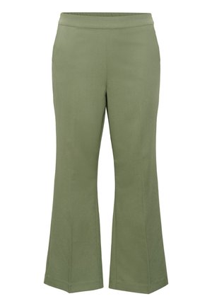 Svetlozelené dámske nohavice s voľnými nohavicami, priliehavým pásom a jemným švom, zobrazené na bielom pozadí.