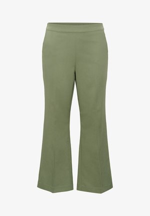 Pantalons wide-leg pour femmes de couleur vert clair avec une taille cintrée et de subtils détails de couture, présentés sur un fond blanc.