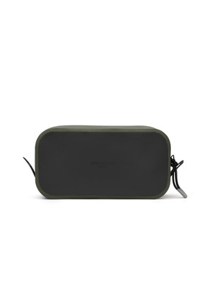 Rektangulær svart og olivengrønn glidelåspose med avrundede hjørner og en liten løkke på høyre side.