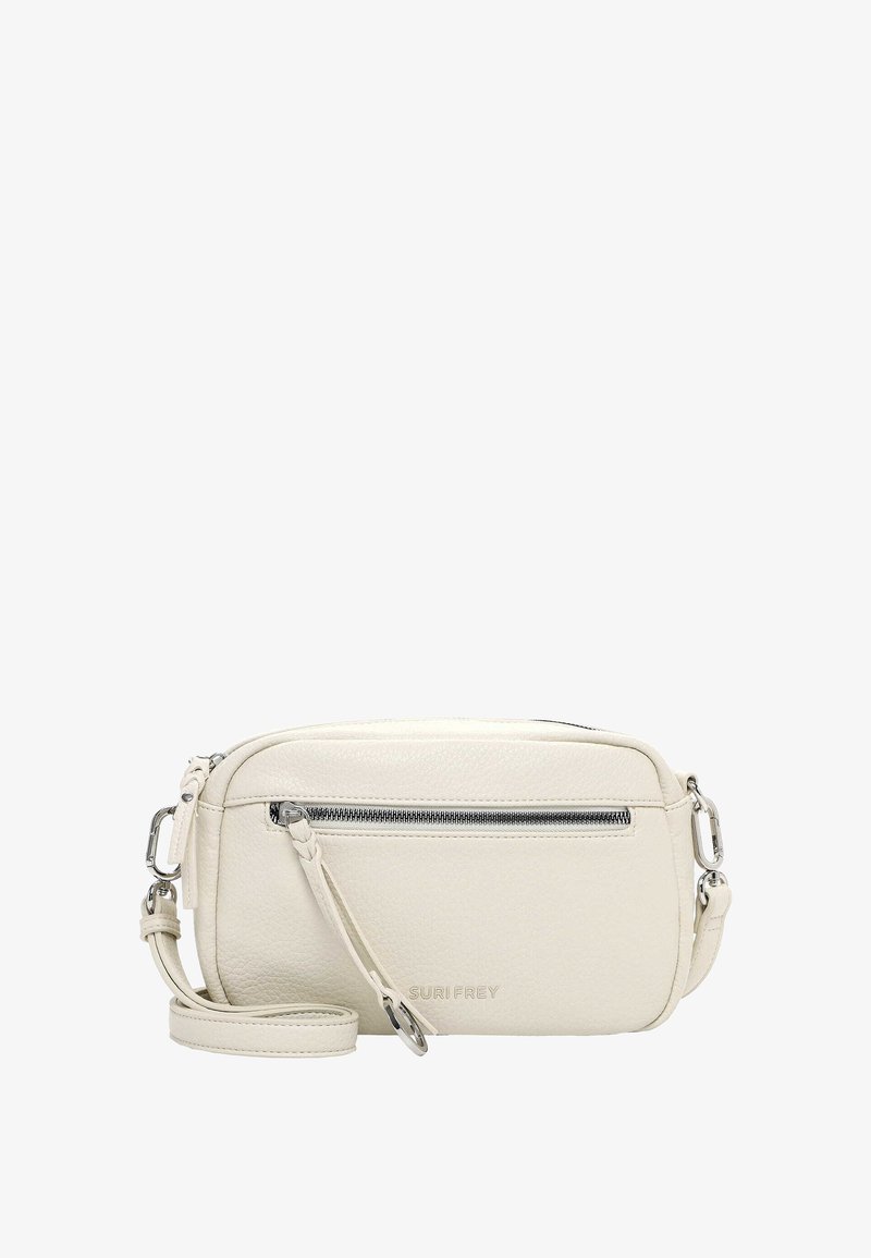 Bolso bandolera pequeño y rectangular de cuero color blanco roto con bolsillo frontal con cremallera, correa ajustable y detalles en hardware plateado.