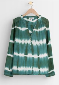 Camicia a maniche lunghe a tie-dye verde e bianco con scollo a V, design a pieghe e maniche con polsino. Realizzata in tessuto leggero.
