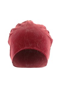 Red cotton beanie with a soft, textured surface. Fitted design with a smooth interior and subtle crinkled pattern.
