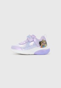 Child’s lavender sneaker with glitter accents, velcro strap, and cartoon mermaid characters on the heel side.