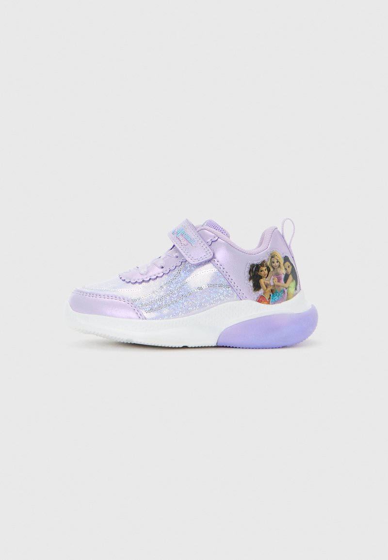 Child’s lavender sneaker with glitter accents, velcro strap, and cartoon mermaid characters on the heel side.