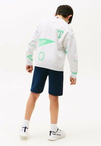 Grijze sweatshirt met mintgroene graphics, lange mouwen en ronde hals, gecombineerd met marineblauwe shorts en witte sneakers met marineblauwe accenten.