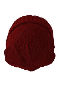 Red knit beanie with a textured cable pattern, featuring a rolled ribbed cuff. Soft, cozy material with a rounded shape.